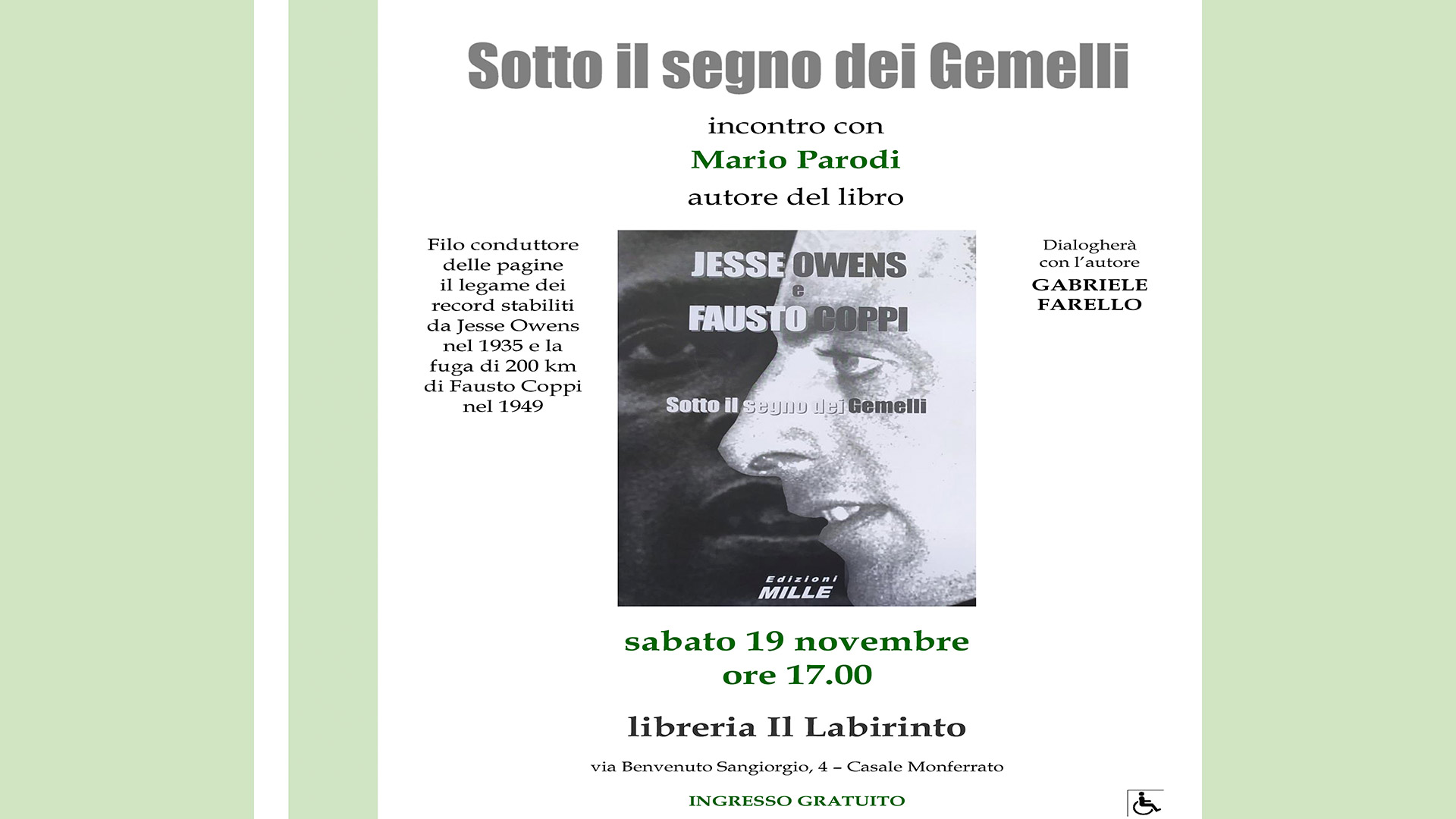 Casale Monferrato: presentazione libro “Jesse Owens e Fausto Coppi. Sotto il segno dei Gemelli”, di Mario Parodi