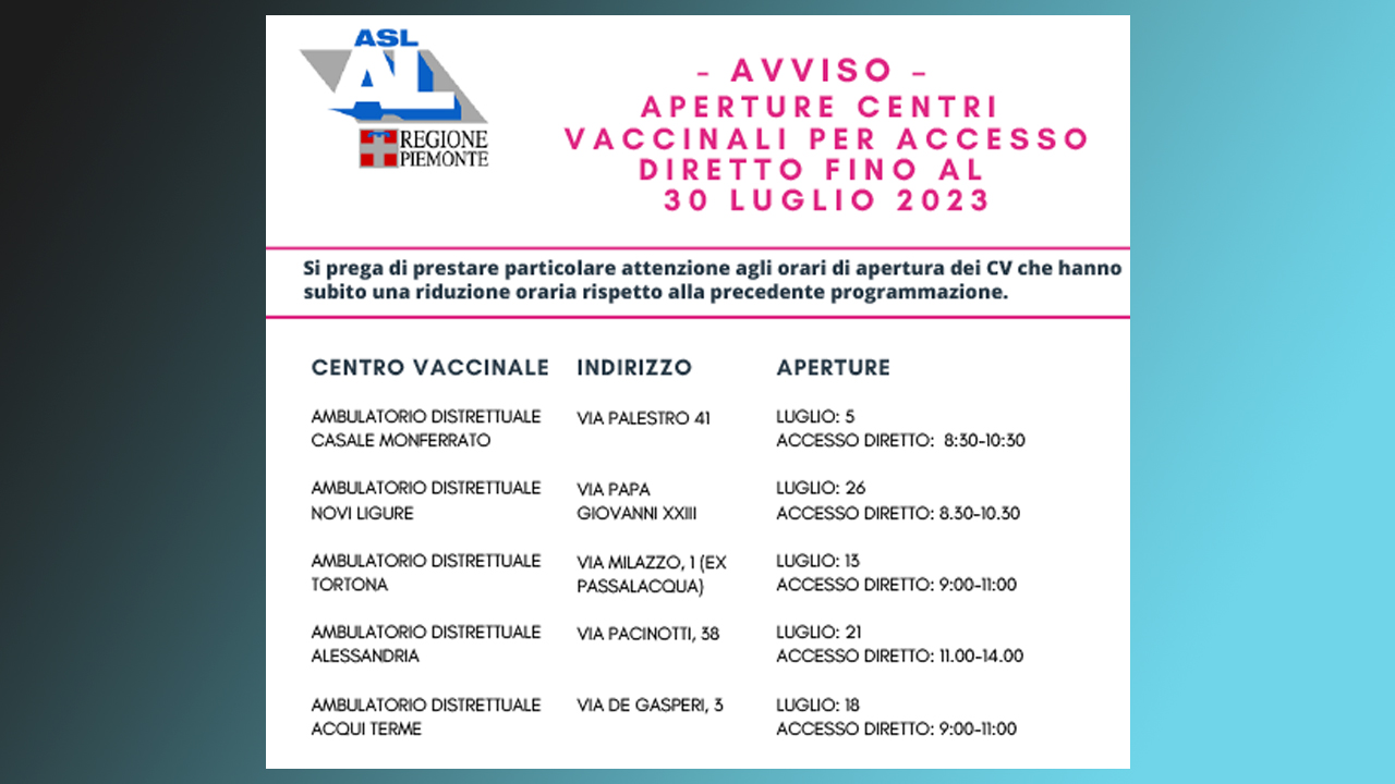 ASL Alessandria: calendario accesso diretto centri vaccinali Covid 19