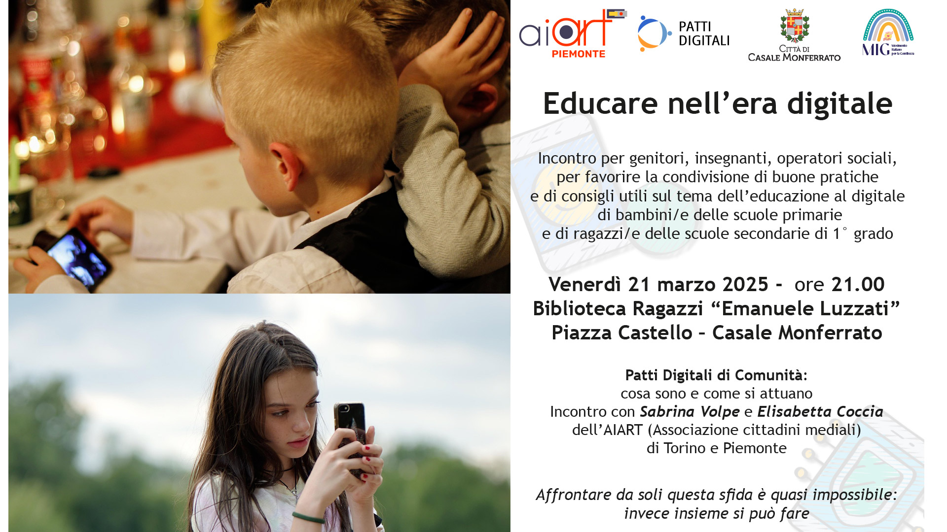 Casale, 21 marzo: “Educare nell’era digitale”